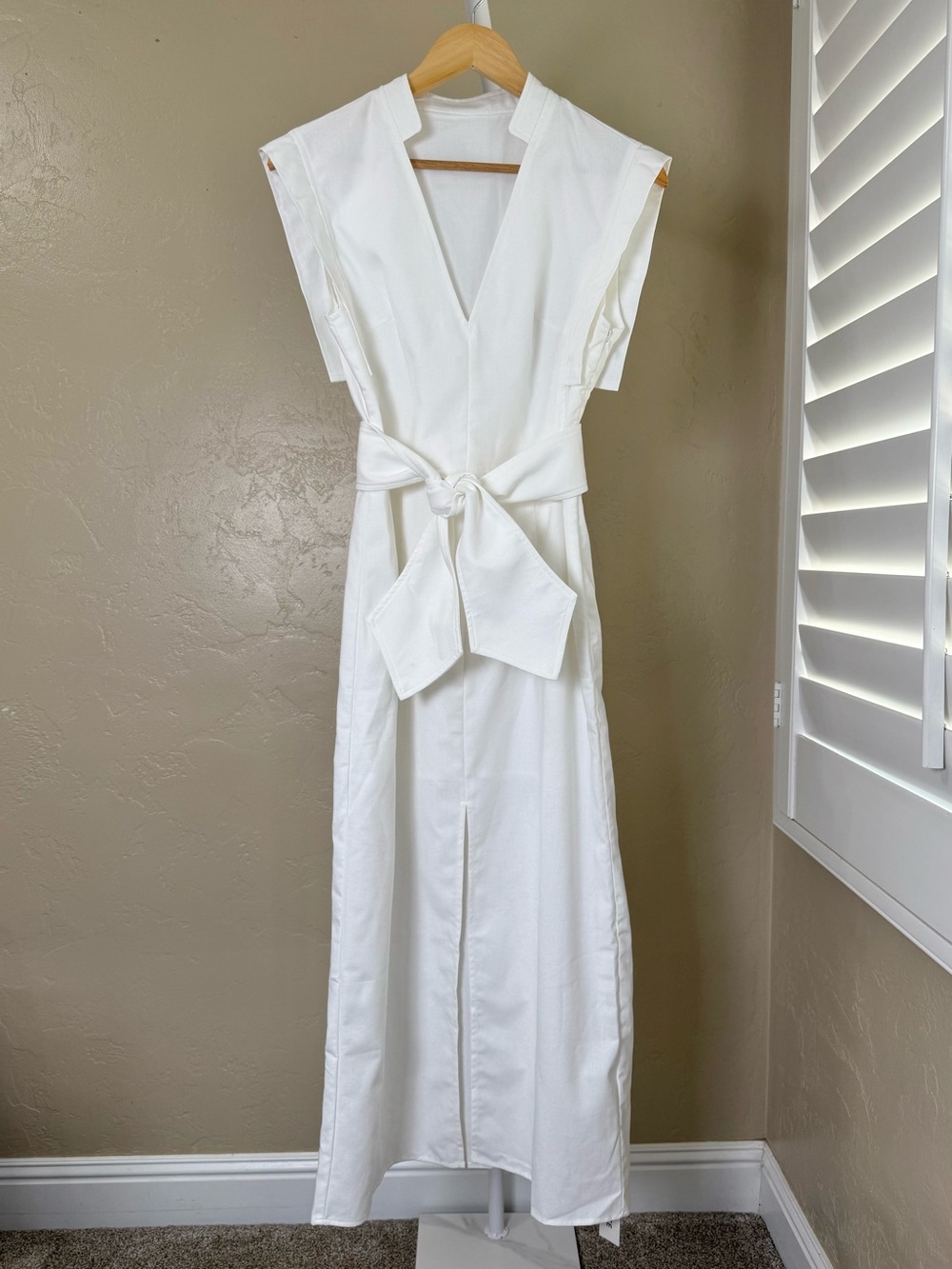 Commense White Linen Blend V Neck Bow Belt Midi Dress Slit NWT Small - Picture 5 of 15